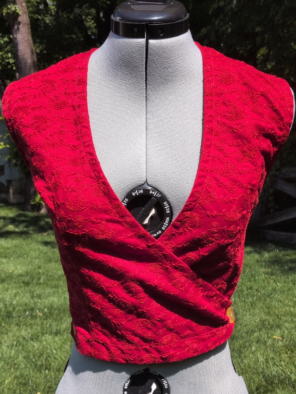 Vintage Red Denim Vest Crop Top With Floral Stitching XS